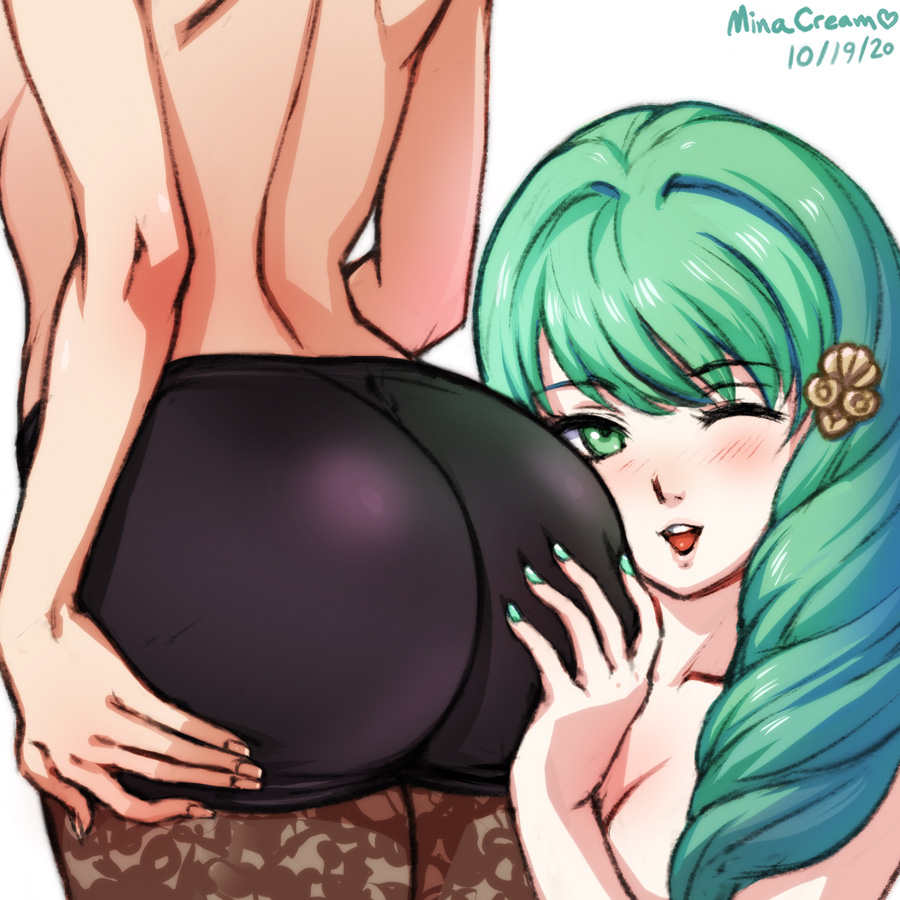 2girls, artist name, ass, ass grab, ass to face, ass worship, assisted presentation, back, bare back, big ass, blush, byleth (fire emblem), byleth (fire emblem) (female), clothed female, dated, faceless female, female, female face near ass, female focus, female only, fire emblem, fire emblem: three houses, flayn (fire emblem), green eyes, green hair, green nails, hand on ass, head on ass, huge ass, leggings, legwear, looking at viewer, minacream, multiple females, multiple girls, nintendo, one eye closed, open mouth, pantyhose, photo, presenting ass, shorts, simple background, smile, squeezing butt, standing, thick thighs, topless, white background, wide hips, wink, worship