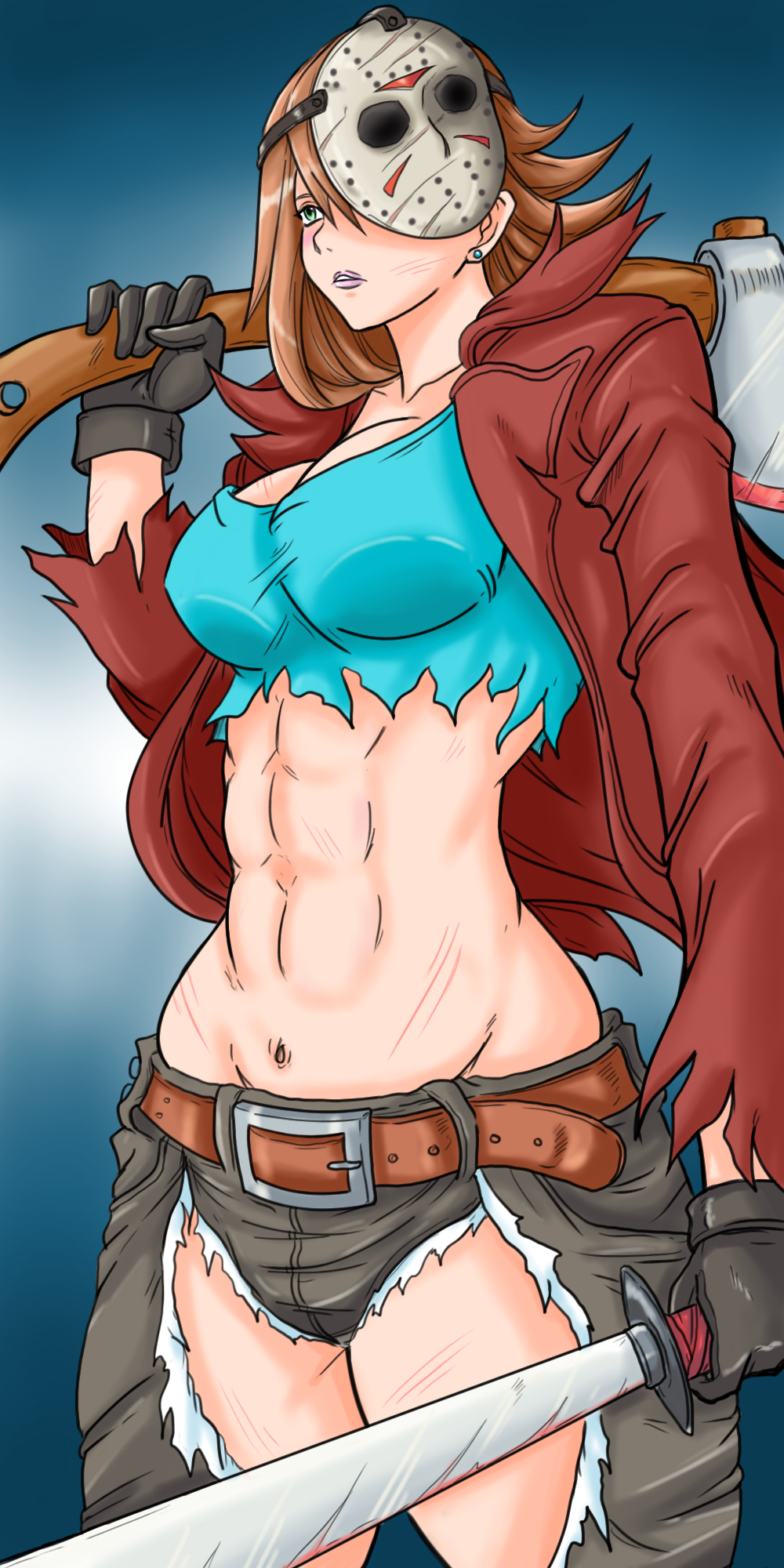 1girls abs axe belt bishoujo_jason bishoujo_jason_voorhees bishoujo_terror black_gloves blood bloody_weapon blue_background blue_eyes borrowed_design breasts cleavage crop_top cuts disembodied_limb female female_focus female_only friday_the_13th fully_clothed genderswap_(mtf) gloves hockey_mask injury jacket jason_voorhees jessica_voorhees kotobukiya_bishoujo large_breasts leather leather_jacket midriff muscular_female navel open_clothes open_jacket pants ray-d-sauce rule_63 solo torn_clothes torn_pants weapon