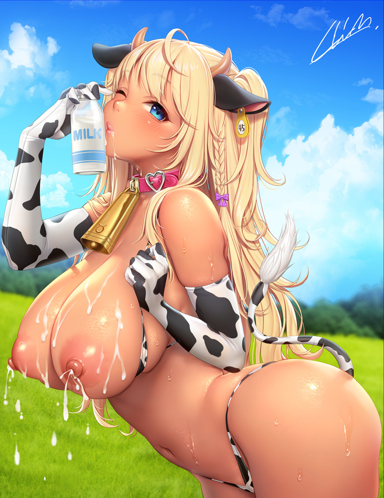 1girls ahoge animal_ears animal_print areolae artist_name ass bangs bare_shoulders bell belly big_ass big_breasts big_butt bikini bikini_aside bikini_pull bikini_top bikini_top_aside bikini_top_lift blonde_hair blue_eyes blush bottle bowtie braid breasts clothes_pull cloud collar comic_unreal cow_ears cow_girl cow_horns cow_print cow_print_bikini cow_tail cowbell cowgirl curly_hair curvy dark_elven_forest_ranger dark_elven_forest_ranger_(cowgirl_bikini) dark_skin dat_ass ear_tag elbow_gloves female female_focus female_only femsub field gloves hair_ribbon highleg highleg_bikini holding horns hucow huge_breasts lactating lactation large_breasts last_origin leaning_forward long_gloves long_hair looking_at_viewer masami_chie milk milk_bottle milk_on_breasts milking navel neck_bell nipples one_eye_closed outdoors pink_nipples puckered_lips revealing_clothes ribbon side_braid sideboob sidelocks sky slave slave_collar sling_bikini solo string_bikini submissive_female swimsuit tail thick_thighs thighs thong v wide_hips wink