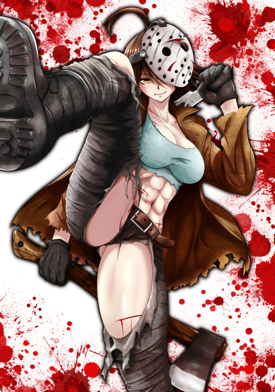 1girls 2010s 2014 abs belt bishoujo_jason bishoujo_jason_voorhees bishoujo_terror black_footwear black_gloves black_hair blood blood_splatter bloody_clothes bloody_weapon boots borrowed_design breasts cleavage closed_mouth collarbone crop_top female female_focus female_only friday_the_13th from_below genderswap_(mtf) gloves highres hockey_mask huge_ahoge huge_breasts jacket jason_voorhees jessica_voorhees kotobukiya_bishoujo laying looking_at_viewer midriff one_eye_covered raised_leg rule_63 scratches shorts sitting smile smiling smiling_at_viewer solo strong_tomboy_(spectrum) tomboy torn_clothes watarai_kou weapon yellow_eyes