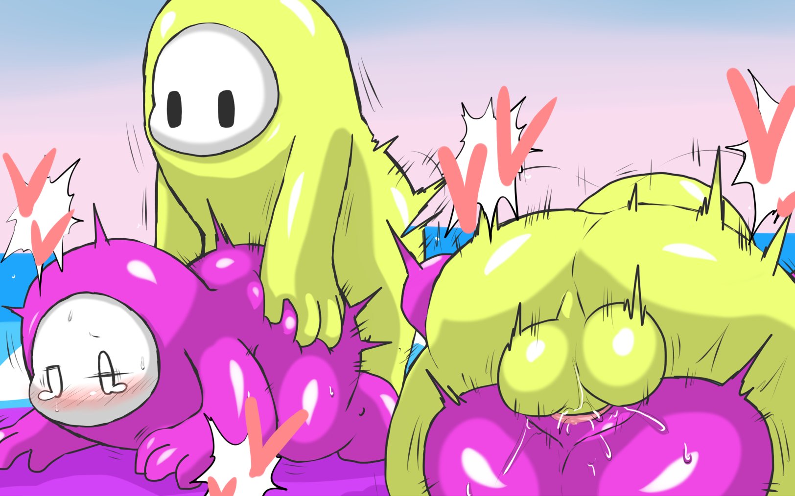 1boy, 1girls, balls, blush, cum, cum inside, enigi09, fall guys, female, female penetrated, game, heart, hearts, male, male on female, mating press, pussy, sex, testicles, uncensored, vaginal penetration