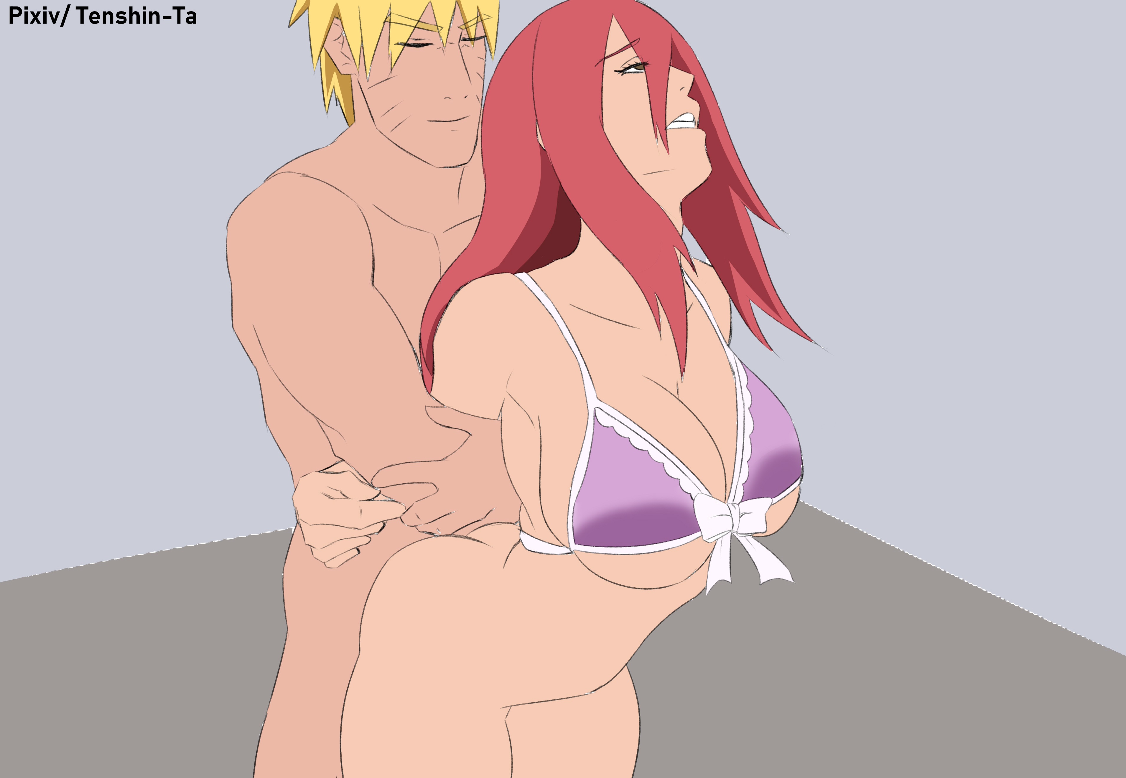 1boy, 1girls, bent over, big breasts, bottomless, bra, breasts, brown eyes, cleavage, clenched teeth, closed eyes, facial markings, female, female focus, grabbing, grabbing from behind, holding arms, long hair, looking up, male, male focus, moaning, naked, naruto, naruto (classic), naruto (series), naruto shippuden, red hair, sex, short hair, standing, standing sex, tayuya, tenshin-ta, underwear, uzumaki naruto, whisker markings, whiskers, yellow hair