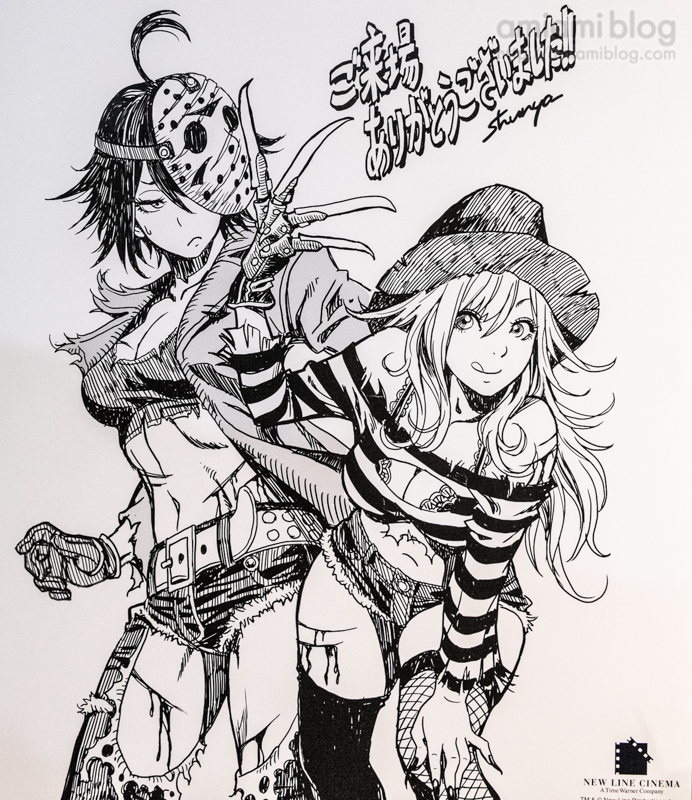 2girls :q a_nightmare_on_elm_street ahoge bishoujo_freddy bishoujo_freddy_krueger bishoujo_jason bishoujo_jason_voorhees bishoujo_terror borrowed_design breasts claw_(weapon) cleavage curvy cutoffs denim denim_shorts female female_focus female_only fishnet_legwear fishnets freddy_krueger freddy_vs_jason friday_the_13th genderswap_(mtf) greyscale hand_on_own_knee hat injury jason_voorhees jessica_voorhees kotobukiya_bishoujo large_breasts leaning_forward long_hair mask medium_breasts mismatched_legwear monochrome multiple_girls navel rule_63 shirt short_hair short_shorts shorts smile striped striped_shirt thighhighs tomboy tongue tongue_out translation_request watermark weapon yamashita_shun'ya