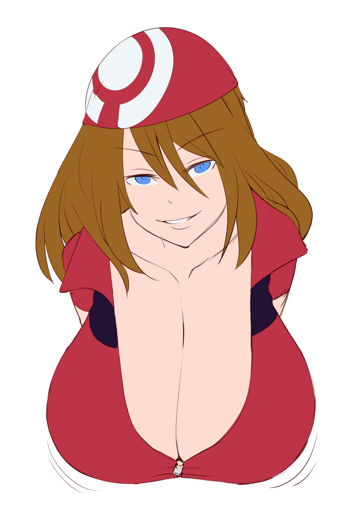 1girls, 47k, alternate breast size, bandana, blue eyes, bouncing breasts, breasts, brown hair, cleavage, female, female focus, flat color, gigantic breasts, half-closed eyes, hanging breasts, highres, long hair, looking at viewer, may (pokemon), motion lines, nintendo, parted lips, pokemon, pokemon rse, simple background, smile, solo, unzipped, upper body, white background, zipper