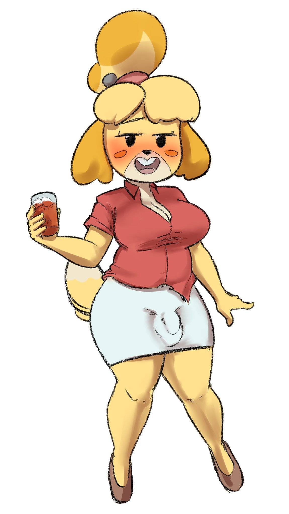 1futa, 2020, animal crossing, anthro, balls, balls bulge, balls under clothes, blush, bottomless skirt, breasts, bulge, cameltail, cleavage, clothed, clothing, curvy, drunk, flaccid, fully clothed, furry, futa only, futa sans pussy, futanari, half-closed eyes, intersex, isabelle (animal crossing), large breasts, looking at viewer, nightpickle, nintendo, open mouth, penis, penis bulge, penis under clothes, penis under skirt, skirt, smile, solo, standing, wide hips