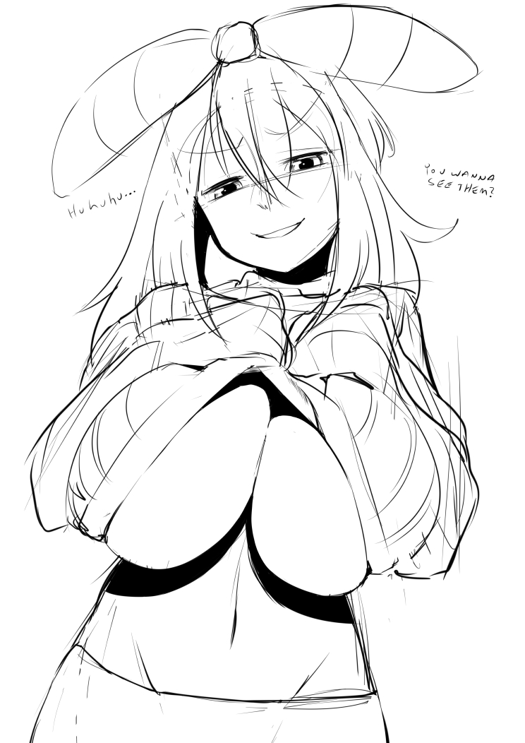 47k, bandana, breasts, cleavage, clothes pull, female, huge breasts, looking at viewer, may (pokemon oras), may (pokemon), monochrome, navel, nintendo, pokemon, pokemon oras, ribbed sweater, sketch, smirk, sweater, sweater pull
