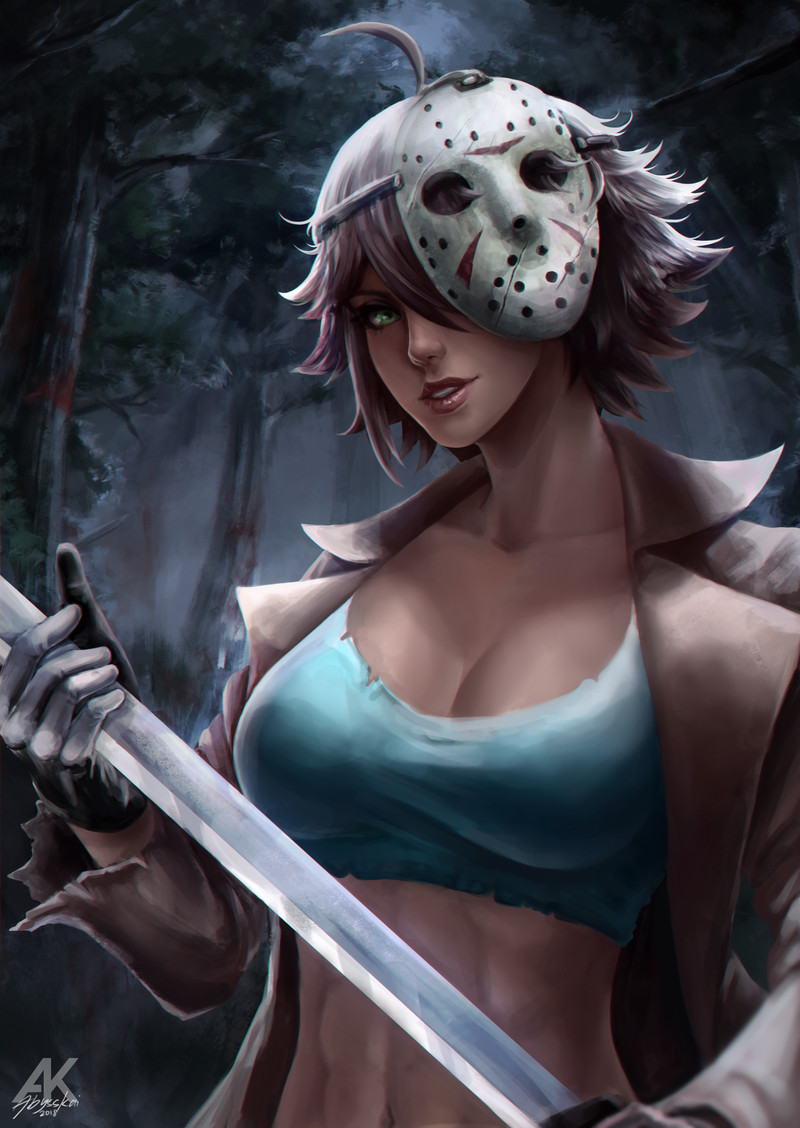 1girls abs aqua_eyes belt bishoujo_jason bishoujo_jason_voorhees bishoujo_terror black_gloves borrowed_design breasts brown_hair cleavage closed_mouth collarbone crop_top female female_focus female_only friday_the_13th from_below fully_clothed genderswap_(mtf) gloves highres hockey_mask huge_ahoge huge_breasts jacket jason_voorhees jessica_voorhees john_renzo_venezuela kotobukiya_bishoujo looking_at_viewer midriff one_eye_covered photoshop rule_63 scratches solo tomboy torn_clothes weapon