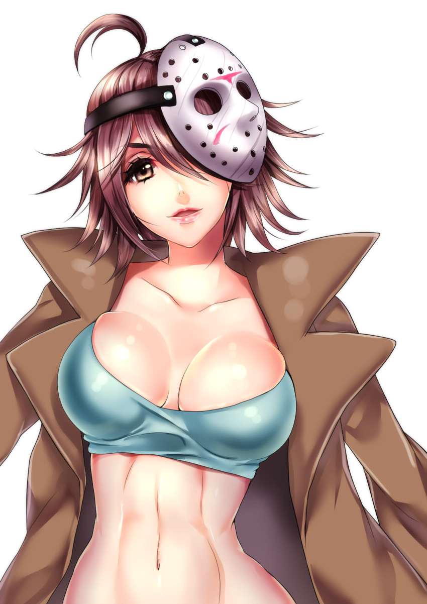 1girls ahoge bishoujo_jason bishoujo_jason_voorhees bishoujo_terror borrowed_design breasts brown_eyes brown_hair cleavage female female_focus female_only friday_the_13th genderswap_(mtf) hanasaki_mahiru highres jason_voorhees jessica_voorhees kotobukiya_bishoujo large_breasts lips mask_over_one_eye navel rule_63 short_hair smile solo tank_top tomboy white_background