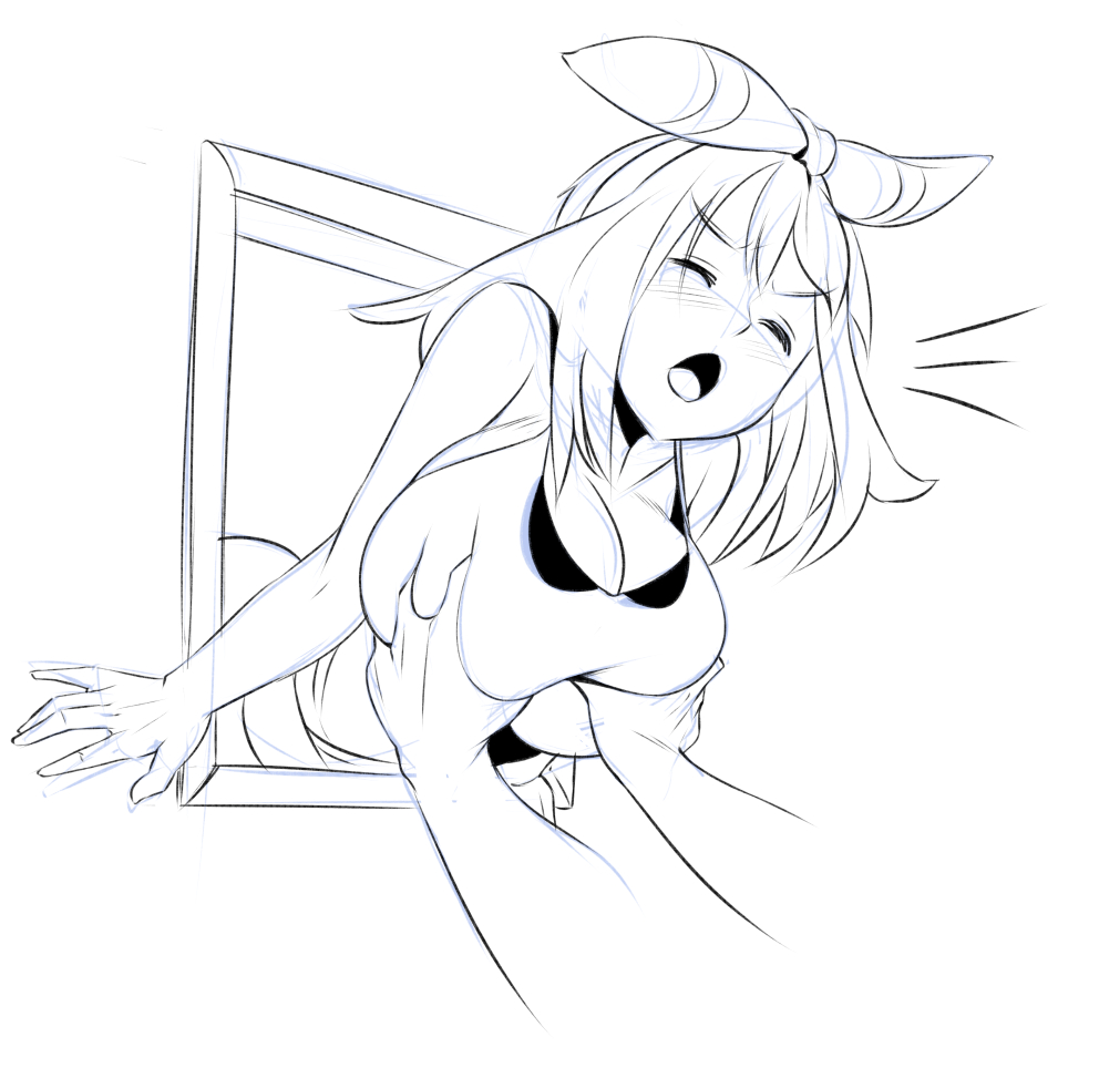 1boy, 47k, blush, breast grab, breasts, cleavage, female, game freak, grabbing, huge breasts, male, may (pokemon oras), may (pokemon), monochrome, nintendo, pokemon, pokemon oras, short hair, sketch, solo focus