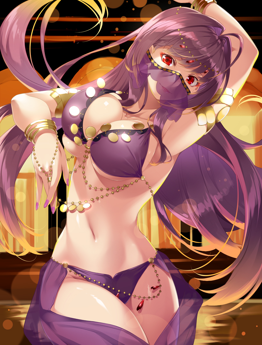 1girls armlet armpits belly belly_dancer belly_dancer_outfit dancer dancer_outfit dancing fate/grand_order fate_(series) female harem_girl harem_outfit harem_pants jewelry jewelry_chains large_breasts long_hair mukunokino_isshiki navel purple_hair red_eyes scathach_(fate) veil voluptuous