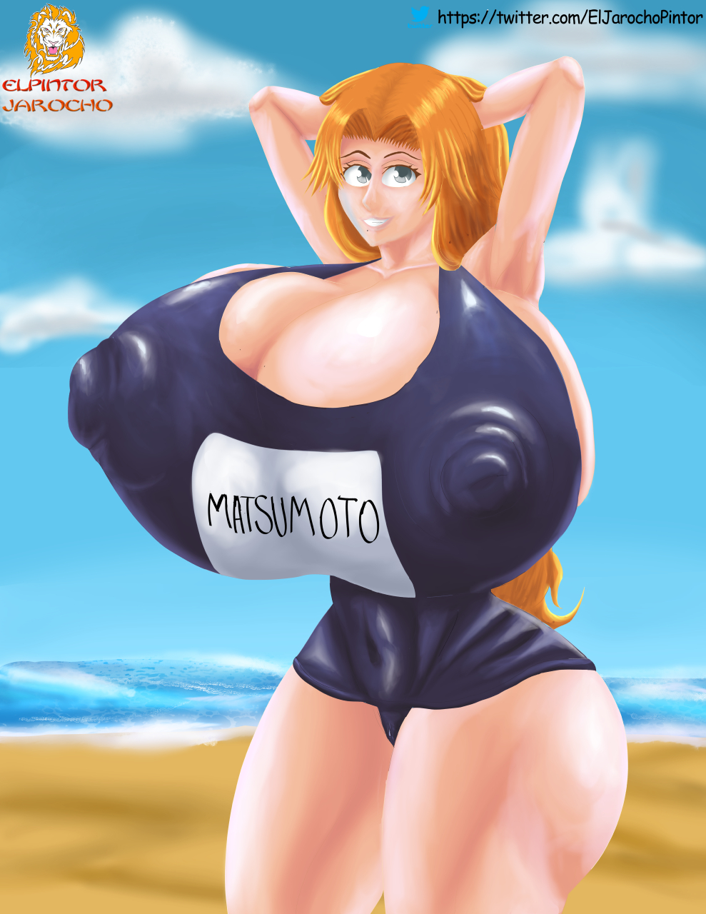 1girls arms_behind_back artist_name artist_signature beach bleach breasts cloud el_pintor_jarocho female female_focus female_only grey_eyes huge_areolae huge_breasts large_breasts legs long_hair looking_at_viewer matsumoto_rangiku orange_hair sky smile solo solo_female solo_focus swimsuit teeth thick_thighs very_long_hair voluptuous