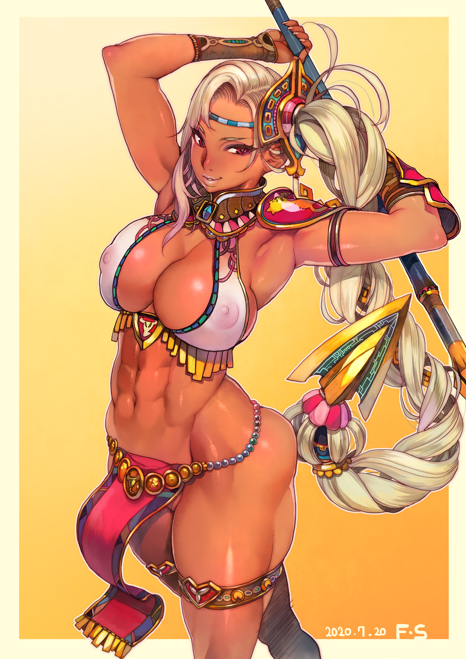1girls, abs, amazon, armpits, belly, blonde hair, bocas top, breasts, f.s., female, female only, fit, fit female, gauntlets, huge breasts, loincloth, magenta eyes, muscular, muscular female, nipples visible through clothing, original, platinum blonde hair, shoulder armor, solo, staff, thighband, voluptuous