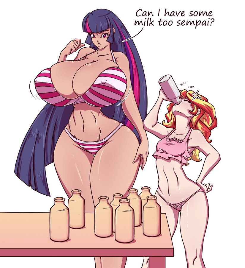 2girls, amazon, angry, ass, big ass, big breasts, bra, breasts, breasts bigger than head, color, drinking, english text, equestria girls, female, female only, friendship is magic, giantess, hasbro, huge breasts, jealous, large female, lingerie, long hair, mini giantess, my little pony, n647, nipples visible through clothing, panties, size difference, sunset shimmer, taller female, text, thick thighs, twilight sparkle (mlp), underwear, voluptuous, white background, wide hips