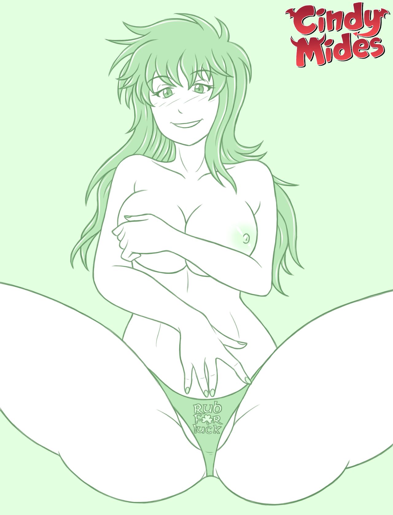 1girls breasts cindymides covering_breasts female green_hair hand_on_belly human inviting long_hair ophiuchus_shaina panties saint_seiya shounen_jump silver_saints sultry_eyes voluptuous