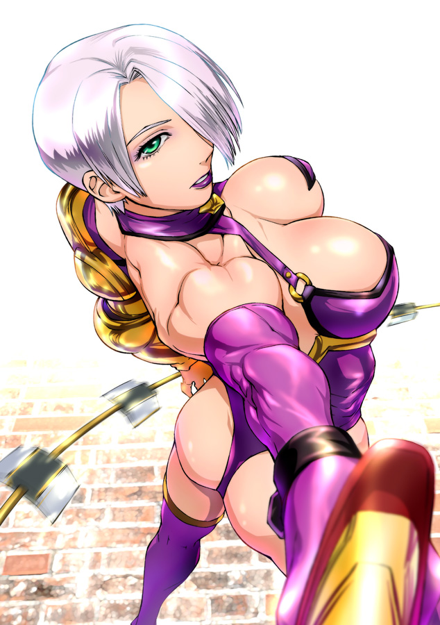 ass bare_shoulders bodysuit breasts cleavage eyeshadow female female_only foreshortening gloves green_eyes hair hair_over_one_eye human isabella_valentine large_breasts lipstick makeup muscle purple_lipstick short_hair solo soul_calibur sword thighhighs ueyama_michirou weapon whip whip_sword white_hair