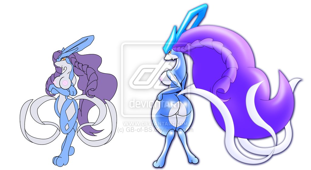 ass blue_fur bottomless breasts color exposed_breasts female female_only fur furry furry_ass furry_breasts gb_of_bs hair long_hair multiple_females nintendo nipples nude pink_nipples pokemon pokemon_(species) purple_hair suicune topless watermark white_background white_fur