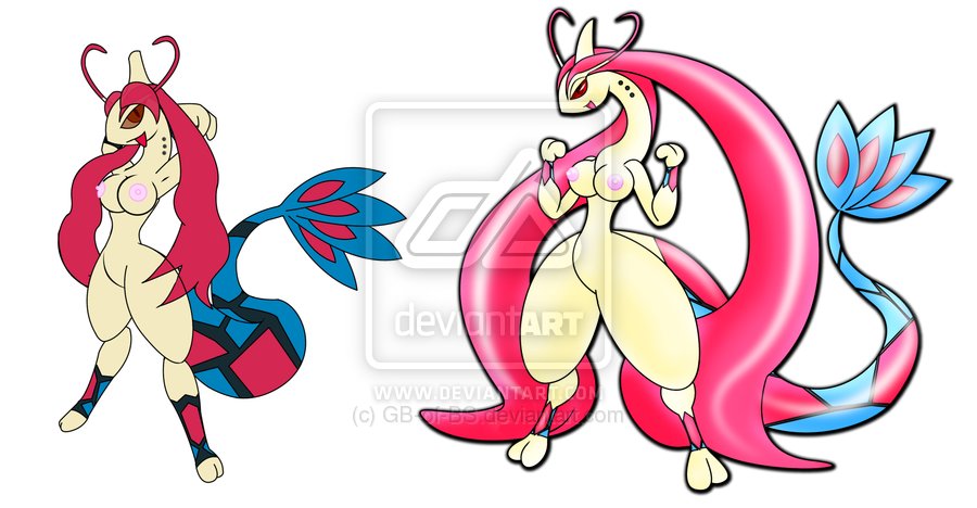 anthro breasts color female female_only gb_of_bs hair long_hair milotic multiple_females multiple_girls nipples nude pokemon simple_background standing watermark white_background