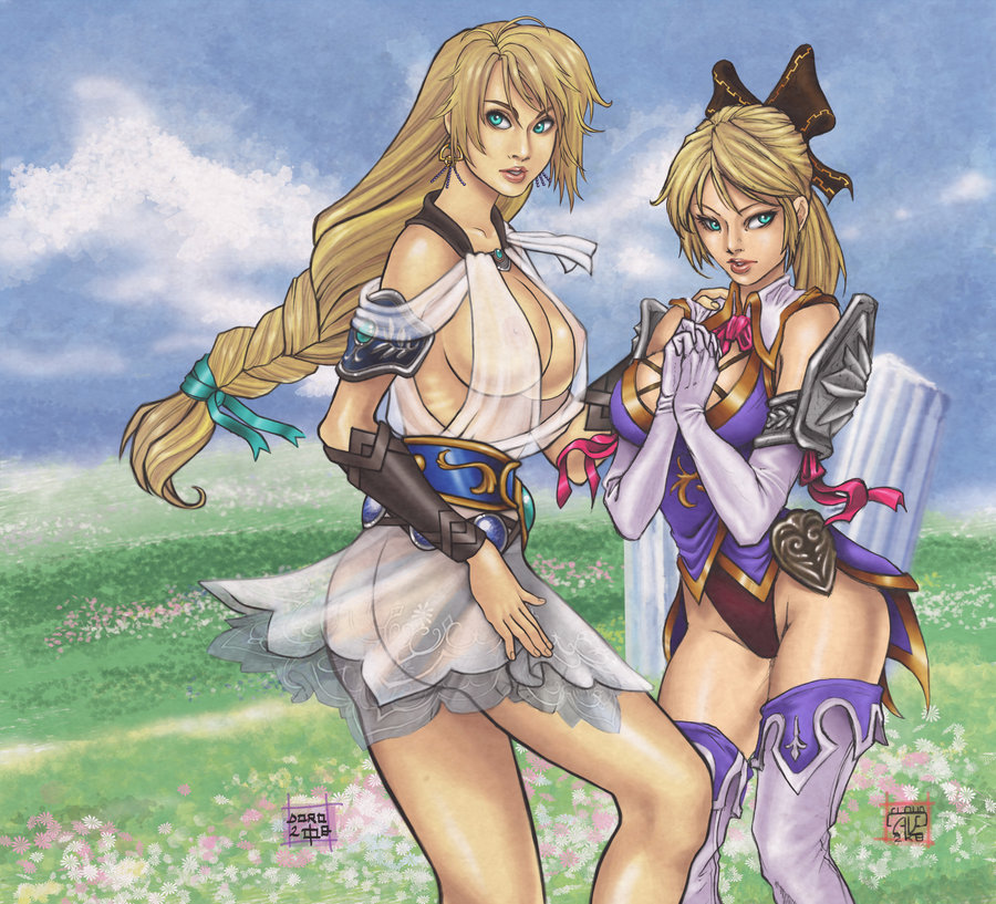 2girls bare_legs blonde_hair cassandra_alexandra detached_collar detached_sleeves dress earrings elbow_gloves female female_only field flowers fully_clothed grass hair_bow human leotard long_hair loose_clothes milf multiple_females multiple_girls no_panties nopan pillar revealing_clothes ribs see-through short_hair shoulder_armor sideboob sisters sophitia_alexandra soul_calibur stregatto10 very_long_hair