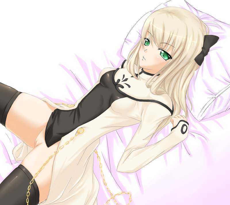 bed blonde_hair blush bow buresu chains clothing cyril green_eyes long_hair lying no_panties pillow pussy shining_(series) shining_force shining_force_exa stockings thighhighs uncensored