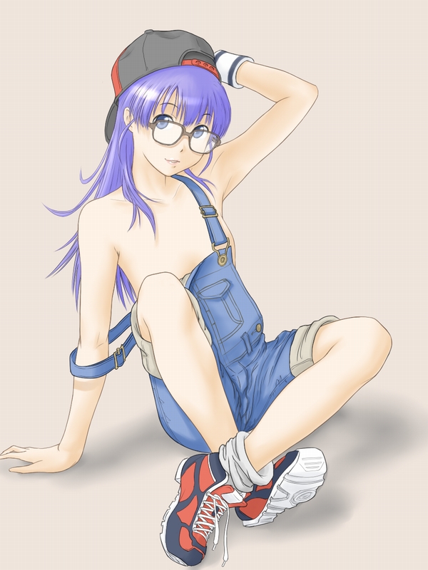 1girls android arale_norimaki dr._slump eau female flat_chest glasses hat long_hair naked_overalls no_nipples overalls purple_hair strap_slip