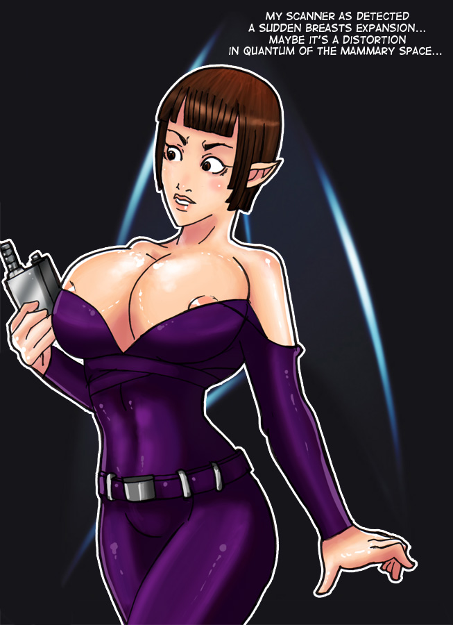 alien breast_expansion breasts dialogue english_text female humanoid large_breasts mop_top nipple_peek orionart pointy_ears star_trek star_trek_enterprise starfleet_insignia t'pol tricorder vulcan_(species)