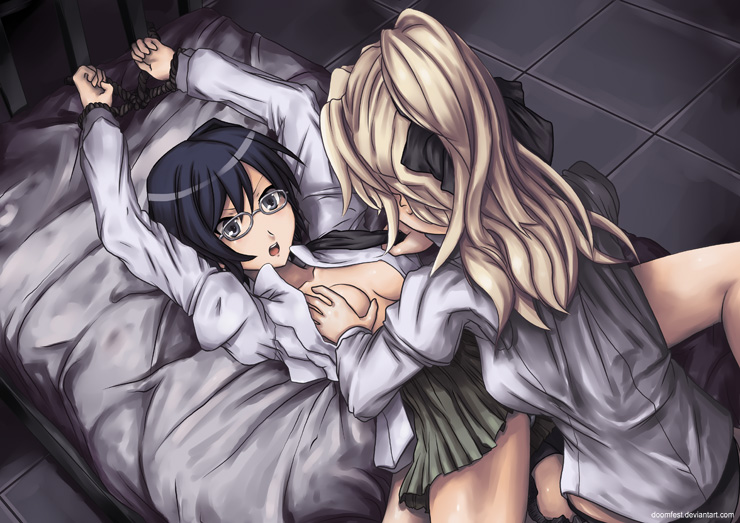 arms_up blind bondage breast_grab breasts clothed doomfest female femdom glasses groping hakamichi_shizune katawa_shoujo lilly_satou multiple_girls open_clothes open_shirt panties puffy_sleeves satou_lilly school_uniform shirt spread_legs tied underwear yuri