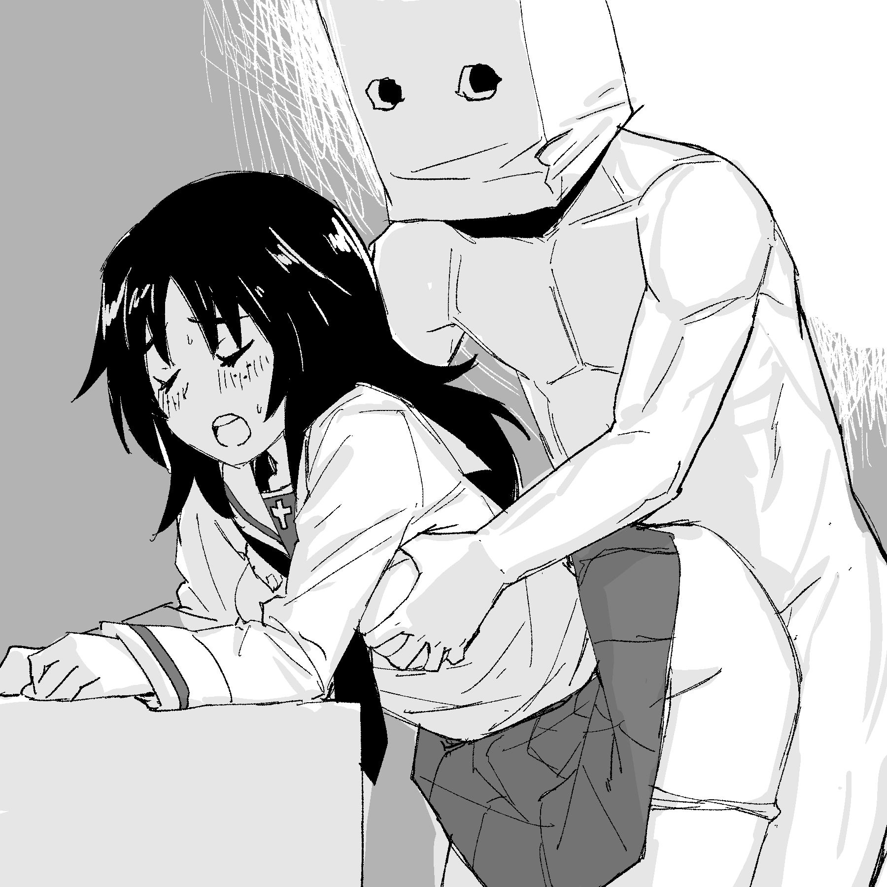 bag, bag on head, black hair, breast grab, breasts, closed eyes, clothed female nude male, clothed sex, clothing, female, girls und panzer, greyscale, male, mask, monochrome, older male and younger female, onsen tamago (hs egg), open mouth, panties down, paper bag, rough sketch, school uniform, sex, sketch, skirt, skirt lift, taken from behind, yamagou ayumi
