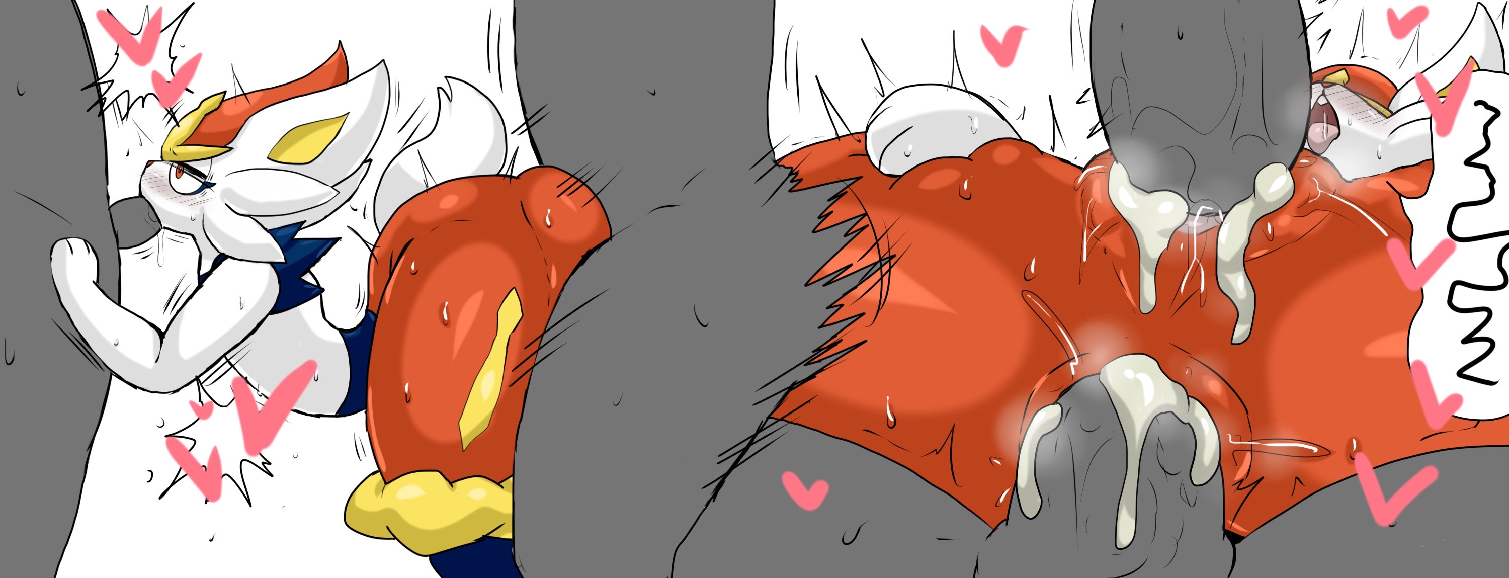 1girls, 2boys, anal, anal sex, anthro, ass, blowjob, cinderace, cum, cum in ass, cum in pussy, cum inside, double penetration, enigi09, fellatio, female, female penetrated, interspecies, male, nintendo, oral, pokemon, pokemon ss, pokephilia, pussy, sex, spoken heart, vaginal penetration, vaginal sex, white background, white fur