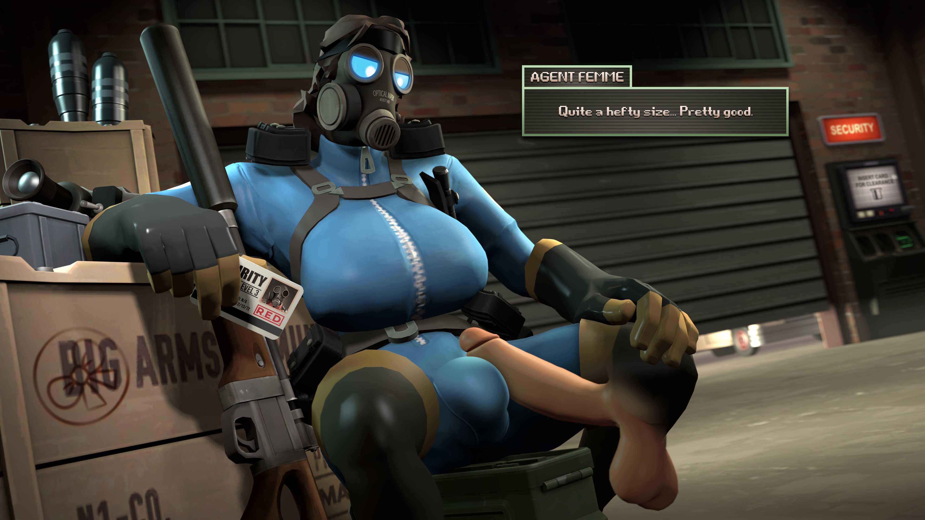1boy, 1futa, 3d, balls, big breasts, boots, breasts, brown hair, bulge, bulge frottage, clothed, dark hair, dialogue, disembodied penis, erection, fempyro, frottage, futa on male, futanari, gas mask, gloves, intersex, latex, male, penis, penis size difference, pyro, ranged weapon, revhearts, rule 63, sitting, source filmmaker, team fortress 2, weapon