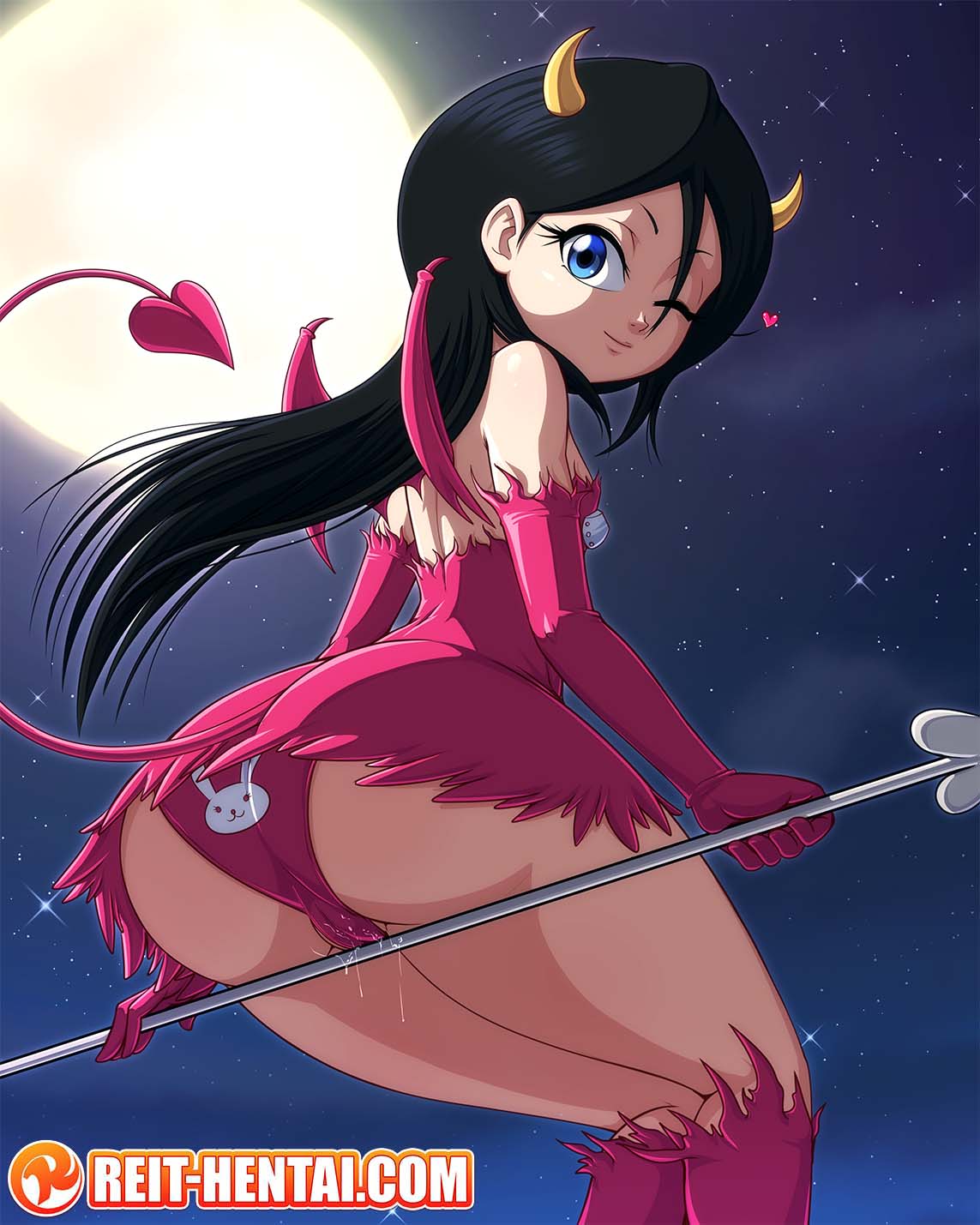 1girls ass black_hair bleach blue_eyes booty bunny_panties butt cameltoe cute demon demon_costume demon_girl demon_horns demon_tail demon_wings female floating halloween halloween_costume heart horns kuchiki_rukia long_hair looking_at_viewer moon narrow_shoulders night petite pussy pussy_juice reit sitting_on_object sitting_on_staff skirt_up small_breasts small_wings smile smiling smiling_at_viewer succubus succubus_costume thick_thighs thin_arms thin_waist watermark wet wet_panties wink winking winking_at_viewer