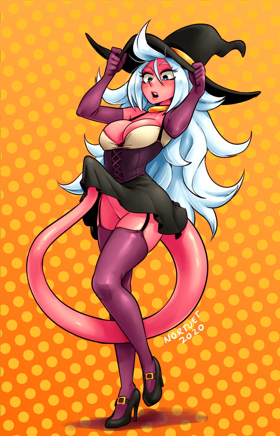 1girls 2010s android_21 android_21_(good) blue_eyes breasts dragon_ball dragon_ball_fighterz dragon_ball_super female heels humanoid light_persona long_hair majin majin_android_21 monster_girl nortuet pink_skin pointy_ears skirt_lift stockings tail white_hair witch witch_hat