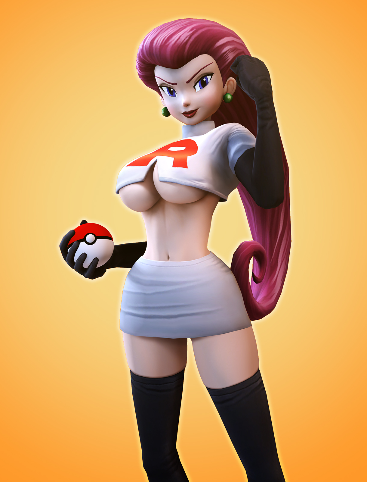 1girls, 3d, batesz, big breasts, breasts, cleavage, elbow gloves, female, female only, gloves, jessie (pokemon), large breasts, looking at viewer, pokemon, pokemon rgby, solo, source filmmaker, team rocket