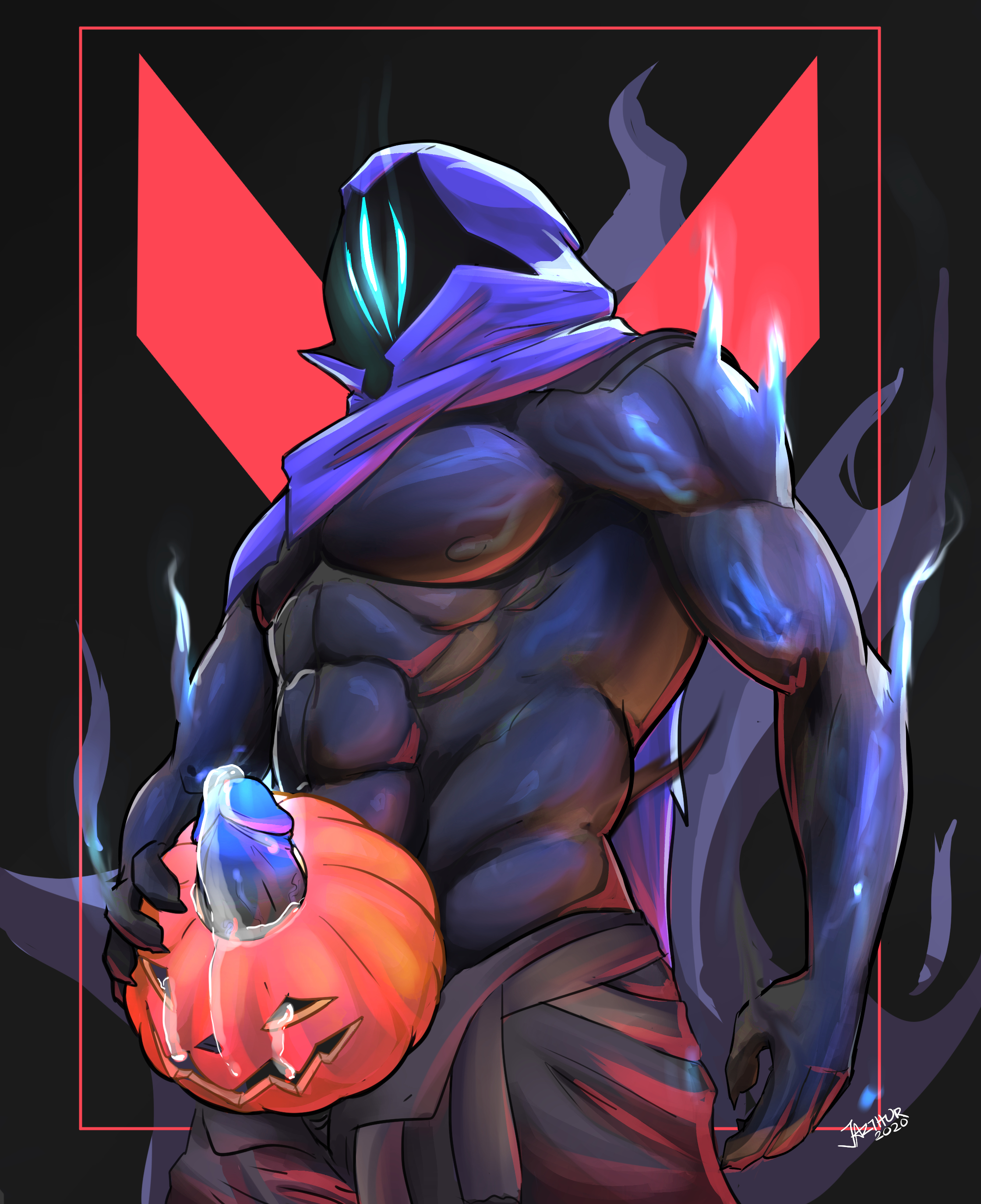 1boy, buff, cum, demon, demon boy, dick, fucking pumpkin, gay, improvised sex toy, male, male only, muscular, omen (valorant), penis, pumpkin, pumpkin masturbation, solo, solo male, valorant