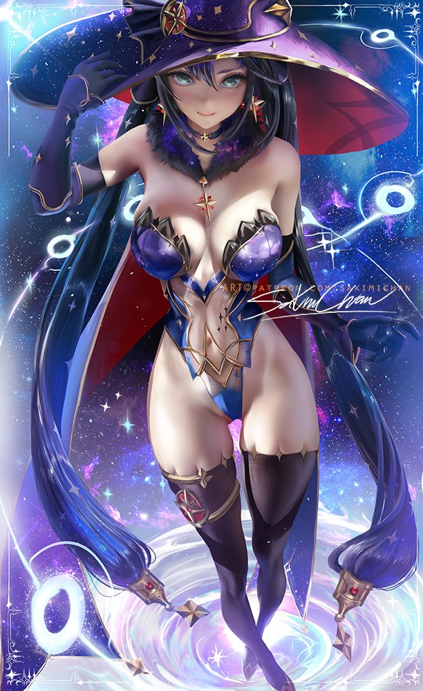 1girls, big breasts, breasts, cleavage, female, female only, genshin impact, large breasts, mona (genshin impact), pinup, sakimichan, solo, thighhighs