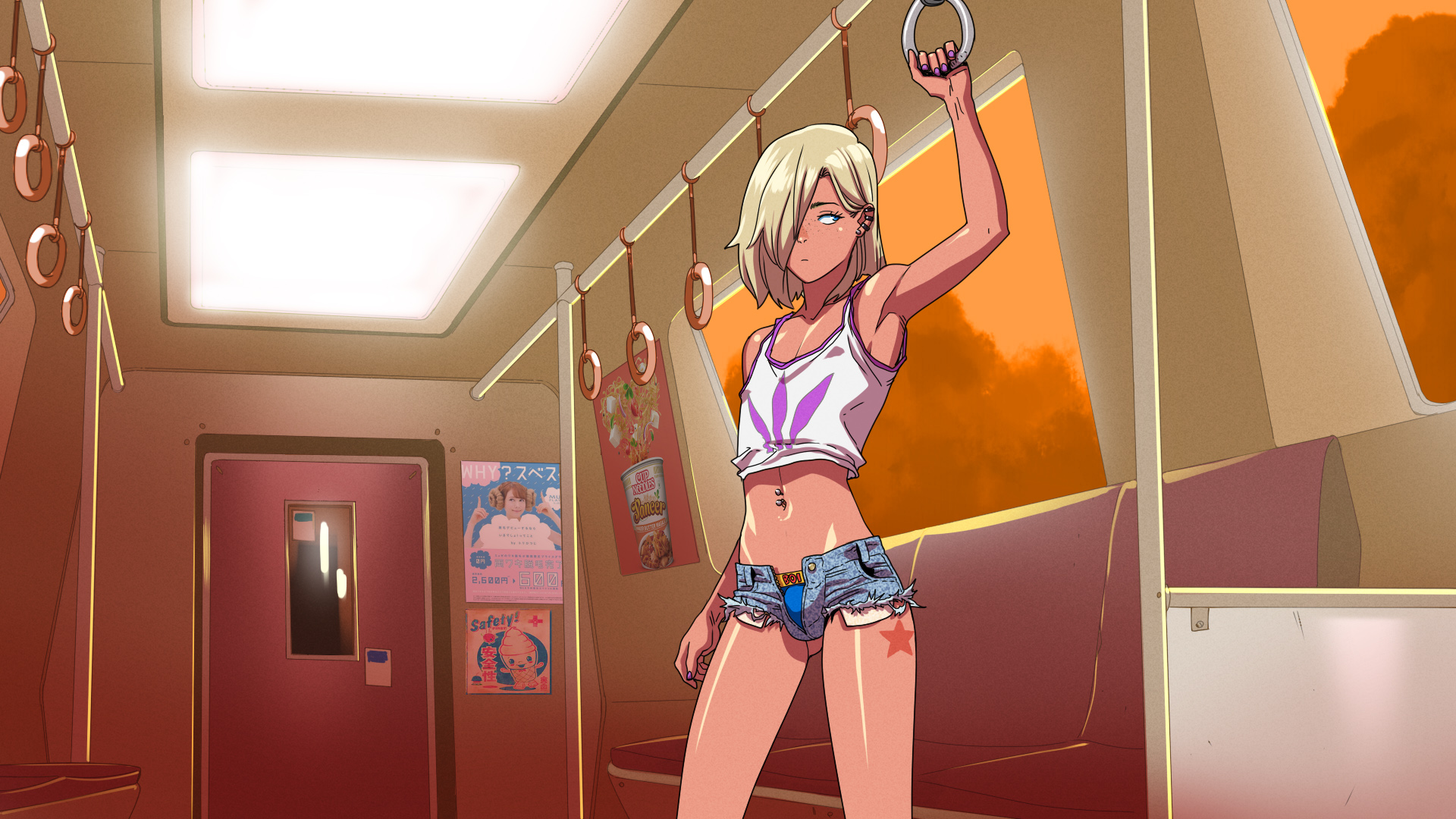 1boy, blonde hair, blue eyes, bulge, femboy, freckles, male, male only, nail polish, navel piercing, piercing, sexually suggestive, short shorts, shorts, solo, stomach, tattoo, teenager, tekuho, train, trap