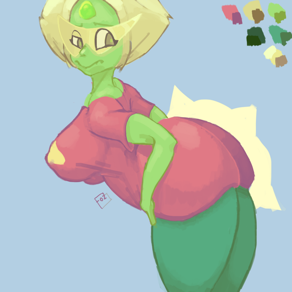 bent_over big_ass big_breasts big_thighs blonde_hair covering flustered fozuna green_skin peridot_(steven_universe) steven_universe t-shirt visor