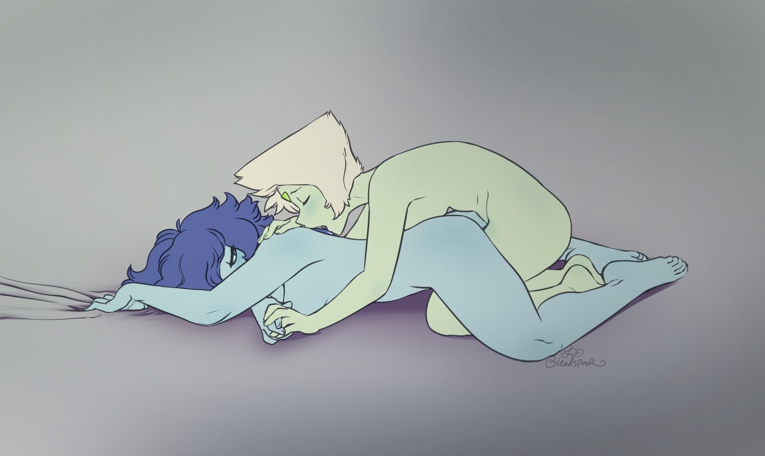 2girls, blue skin, feet, female, flat colors, green skin, holding hands, kissing, lapis lazuli (steven universe), leadspar, lying, multiple females, multiple girls, nude, peridot (steven universe), sex, short hair, steven universe, yuri