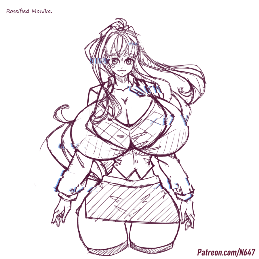 1girls alternate_breast_size ass big_ass black_and_white breasts cleavage doki_doki_literature_club huge_breasts long_hair looking_at_viewer monika_(doki_doki_literature_club) monochrome n647 rosification school_uniform sketch smile smiling solo taller_female thick_thighs thin_waist voluptuous wasp_waist wide_hips