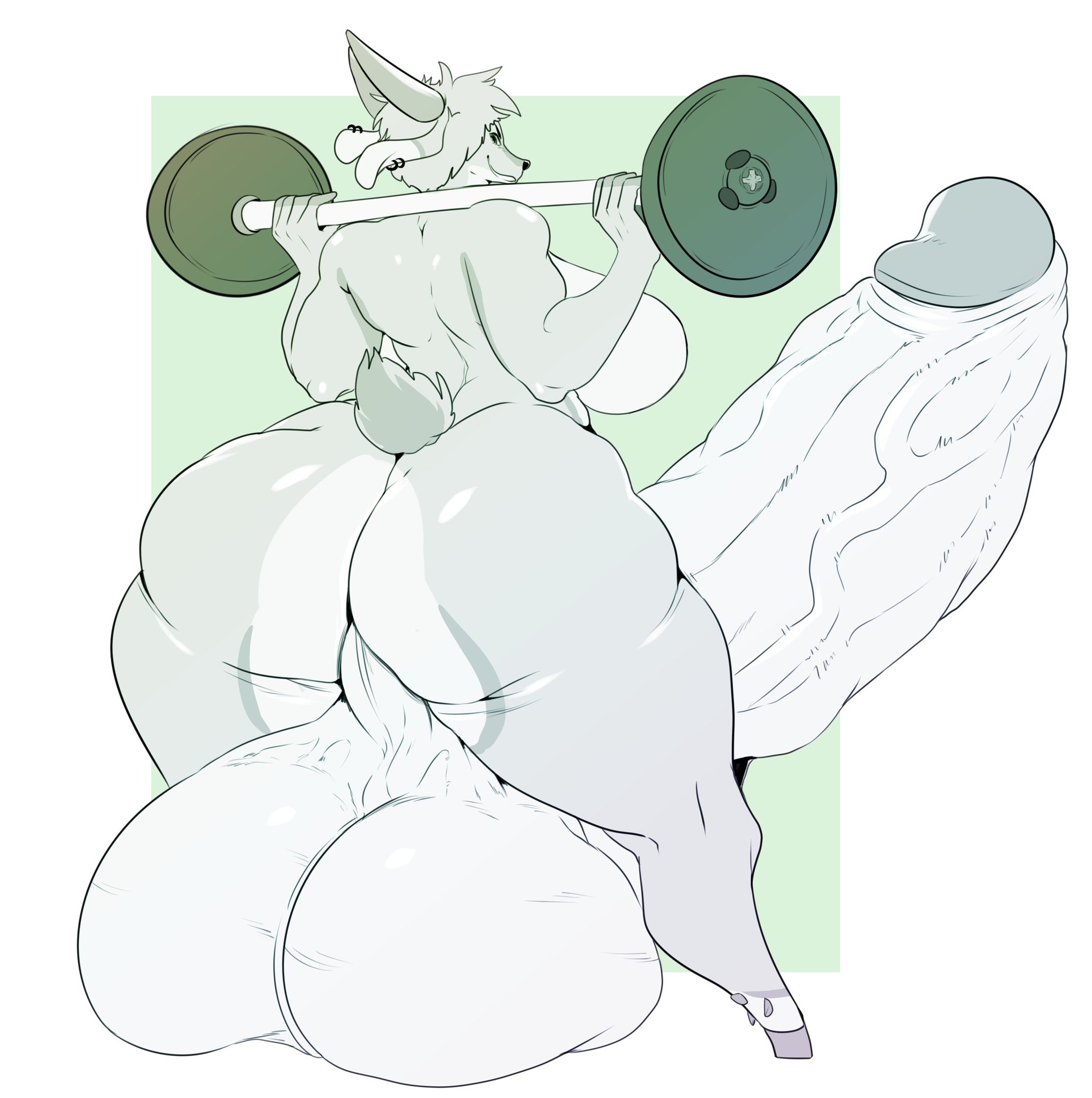 1futa, anthro, ass, backsack, balls, ballsack, big balls, bottom heavy, canine, erection, furry, futa only, futa sans pussy, futanari, hooves, huge ass, huge balls, huge cock, hyper, hyper balls, hyper penis, intersex, large balls, looking at viewer, looking back, nude, penis, perineum, rastacakez, rear view, short tail, simple background, smile, solo, solo futa, taint, testicles, weightlifting, weights