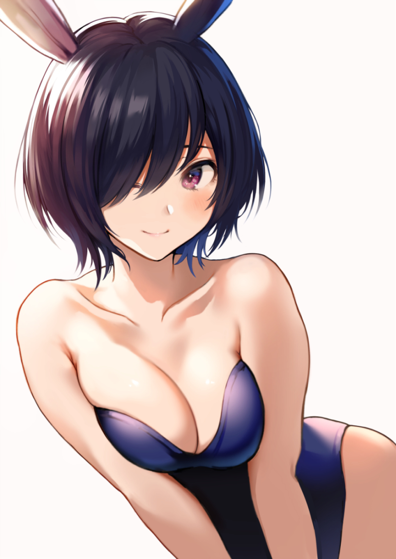 1girls bare_shoulders black_hair breast_squeeze bunny_ears bunnysuit female hair_over_one_eye nishizawa original short_hair smile strapless strapless_leotard