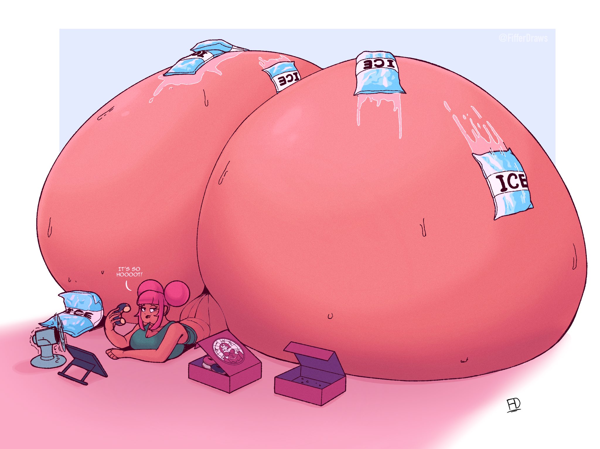 1girls, 2022, ass, ass bigger than body, ass bigger than head, big ass, bottom heavy, box of donuts, bubble ass, bubble butt, colossal ass, donut, double bun, english, english text, enormous ass, enormous butt, female, fiffer, giant ass, gigantic ass, hips, huge ass, hyper, hyper ass, hyper hips, jenny (fiffer), laying on stomach, looking at viewer, massive ass, meat wall (body type), pink hair, short hair, text, wide hips