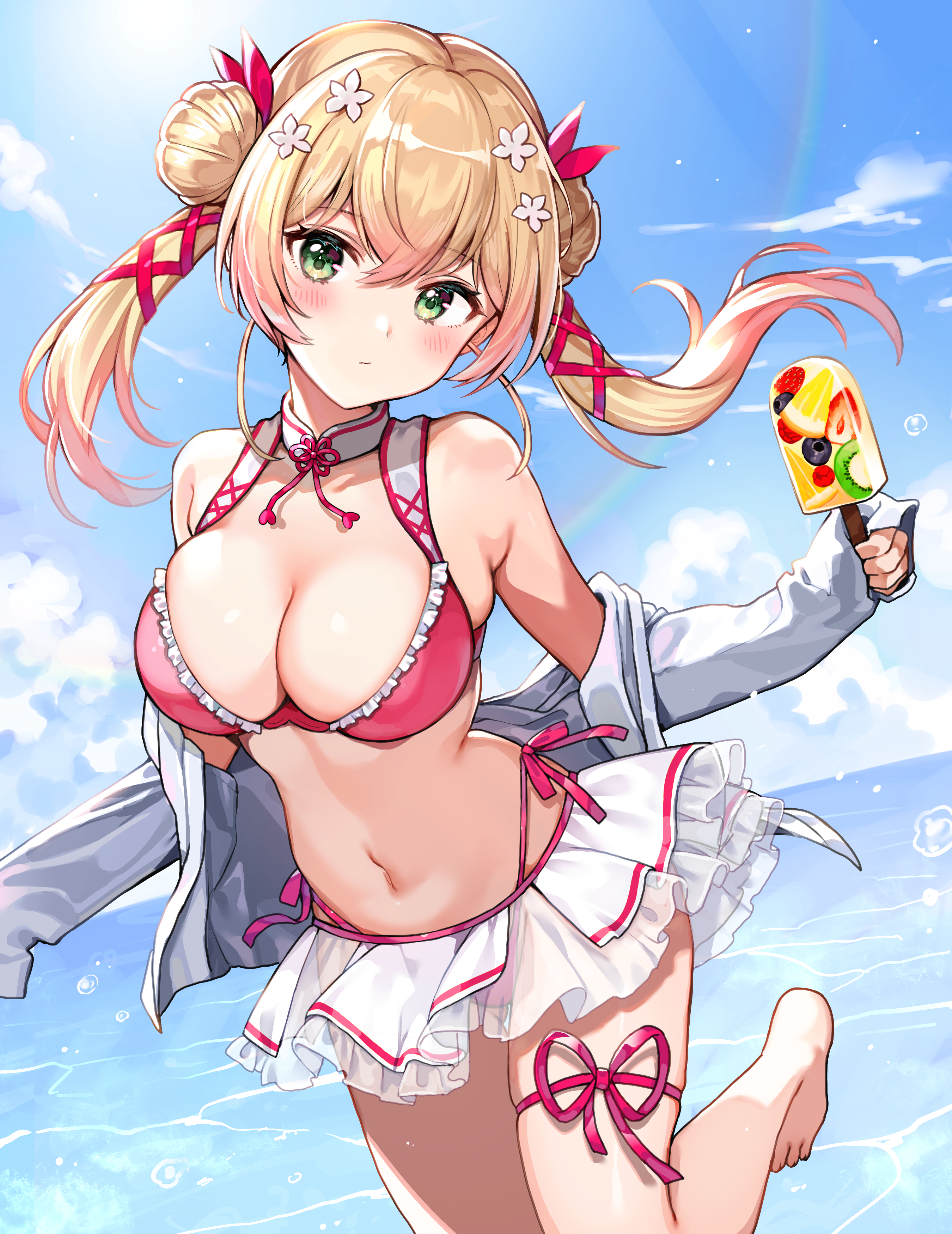 beach, bikini, bikini skirt, blonde hair, blush, female, frills, green eyes, hair ornament, hair ribbon, hololive, hololive gen 5, hololive japan, looking at viewer, momosuzu nene, nishizawa, red bikini, virtual youtuber