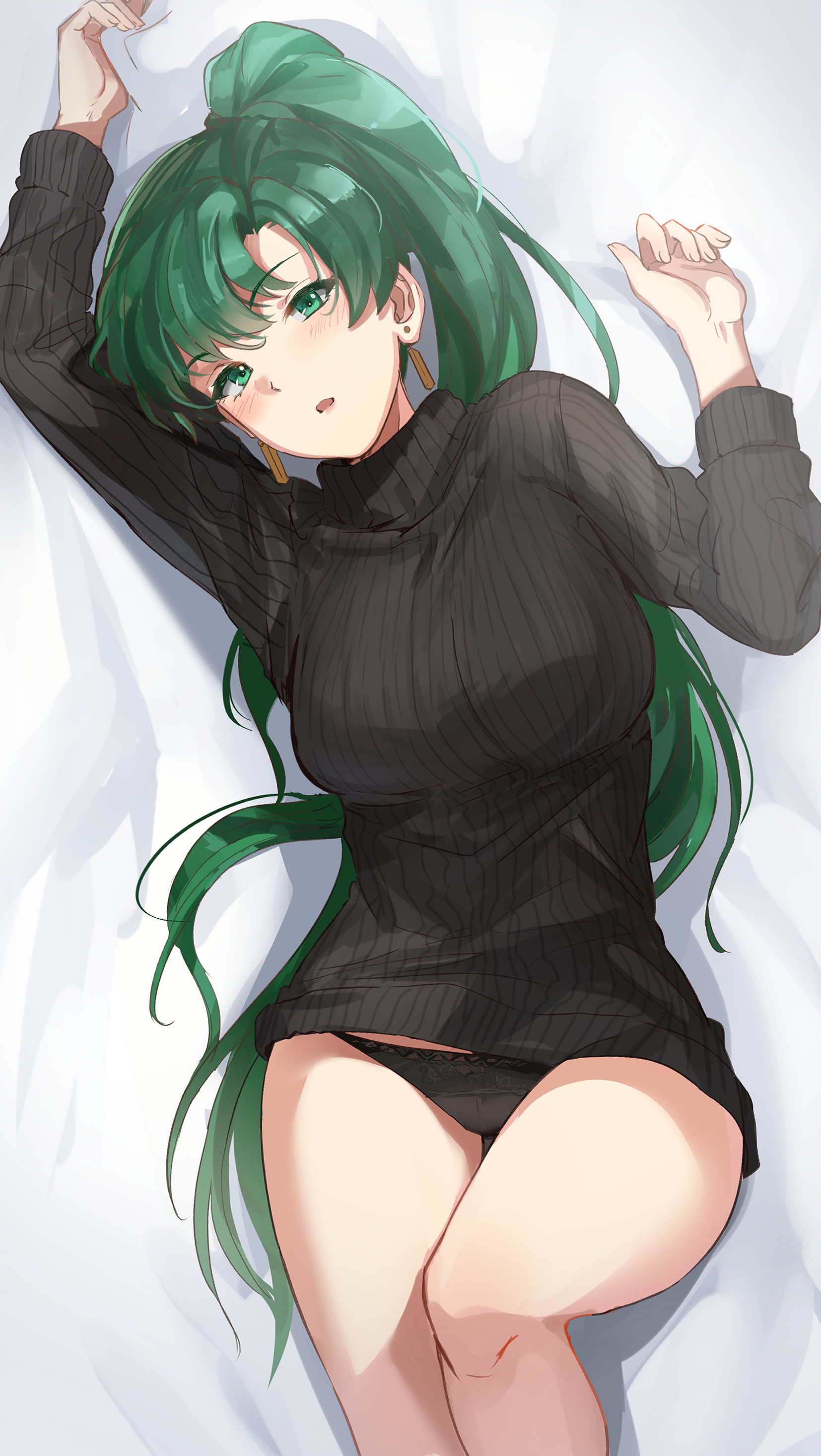 absurdres, asymmetrical bangs, bangs, black panties, black sweater, blush, breasts, earrings, female, fire emblem, fire emblem: the blazing blade, fully clothed, green eyes, green hair, high ponytail, highres, jewelry, large breasts, long hair, long sleeves, looking at viewer, lyn (fire emblem), lyndis (fire emblem), nintendo, ormille, panties, ponytail, sweater, thighs, underwear