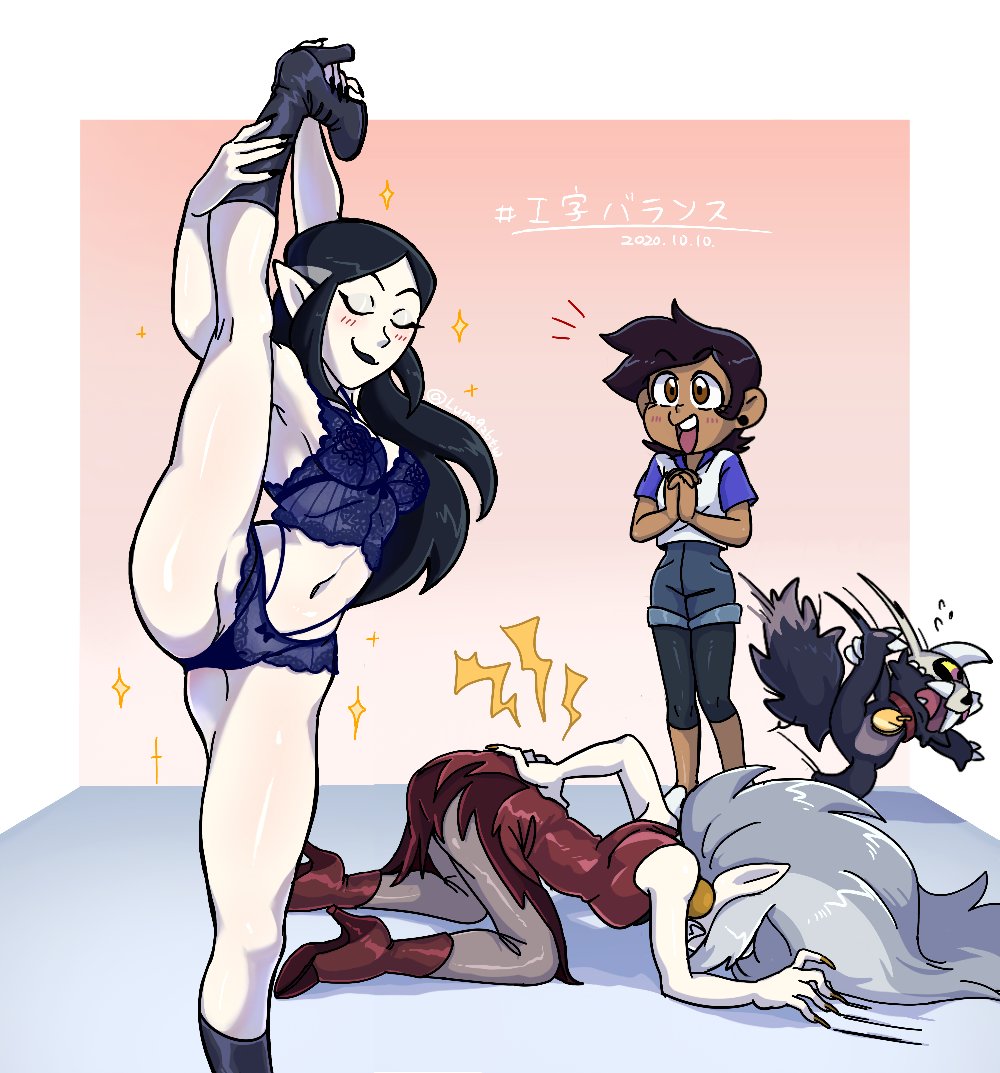 3girls, belly button, black hair, blue lingerie, blue panties, blush, breasts, clothing, dark skin, dark-skinned female, disney, disney channel, eda clawthorne, female, flexible, footwear, goth, goth girl, human, king clawthorne, latina, leg lift, light skin, light-skinned female, lilith clawthorne, lingerie, luna926tw, luz noceda, medium breasts, navel, one leg up, outerwear, panties, pointy ears, short hair, sisters, standing, standing on one leg, standing split, straight hair, the owl house, tummy, white skin