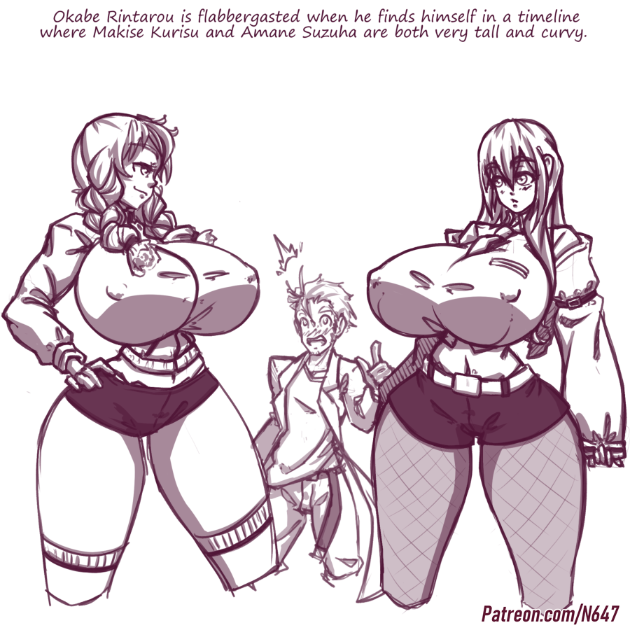 1boy 2girls alternate_breast_size amane_suzuha amazon big_ass big_breasts black_and_white huge_breasts makise_kurisu monochrome n647 nipples_visible_through_clothing okabe_rintarou size_difference smiling steins;gate surprised taller_female thick_thighs voluptuous wide_hips