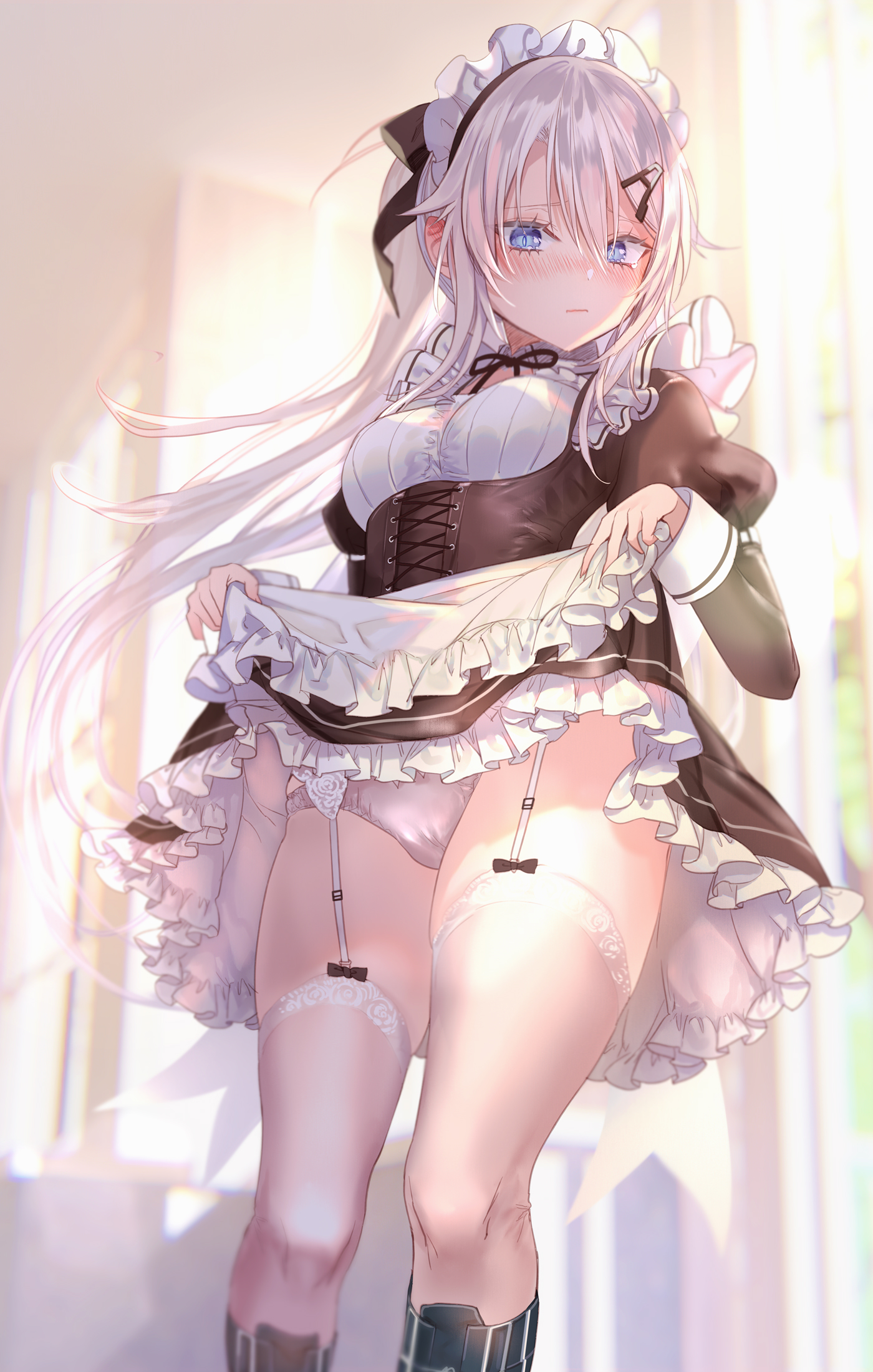 1girls, 9a-91 (girls' frontline), apron, blue eyes, blush, boots, corset, dress, dress lift, female, frilled dress, frills, girls' frontline, hair between eyes, hair ornament, hair ribbon, hairclip, juliet sleeves, lifted by self, long hair, long sleeves, maid, maid headdress, maid uniform, panties, ponytail, pottsness, thighhighs, white hair, white legwear, white panties