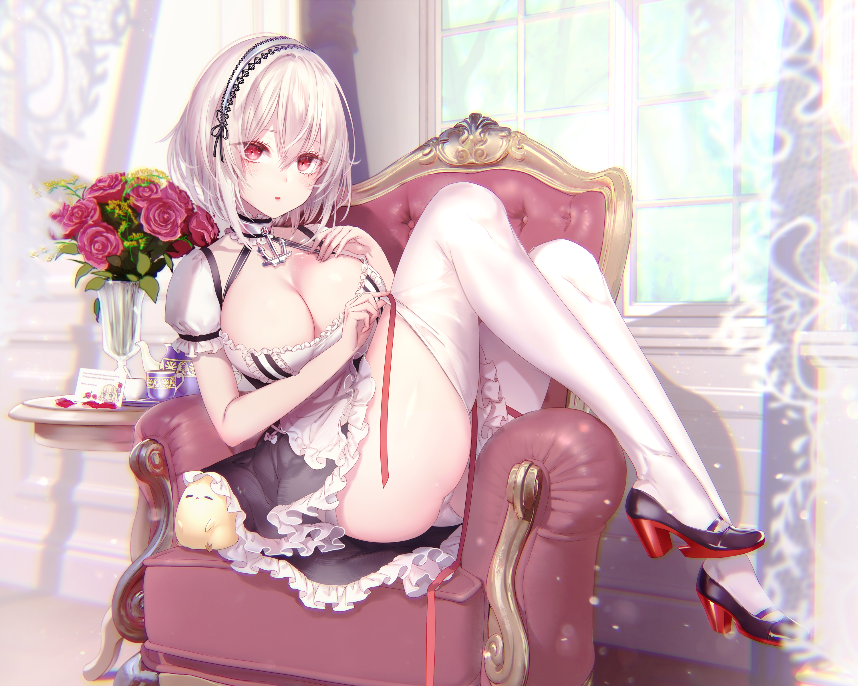 :o, 1girls, azur lane, bangs, female, female only, high heels, lace-trimmed hairband, light skin, light-skinned female, maid, maid uniform, pottsness, red eyes, royal navy (azur lane), sidelocks, sirius (azur lane), solo, thighhighs, thighhighs pull, white hair