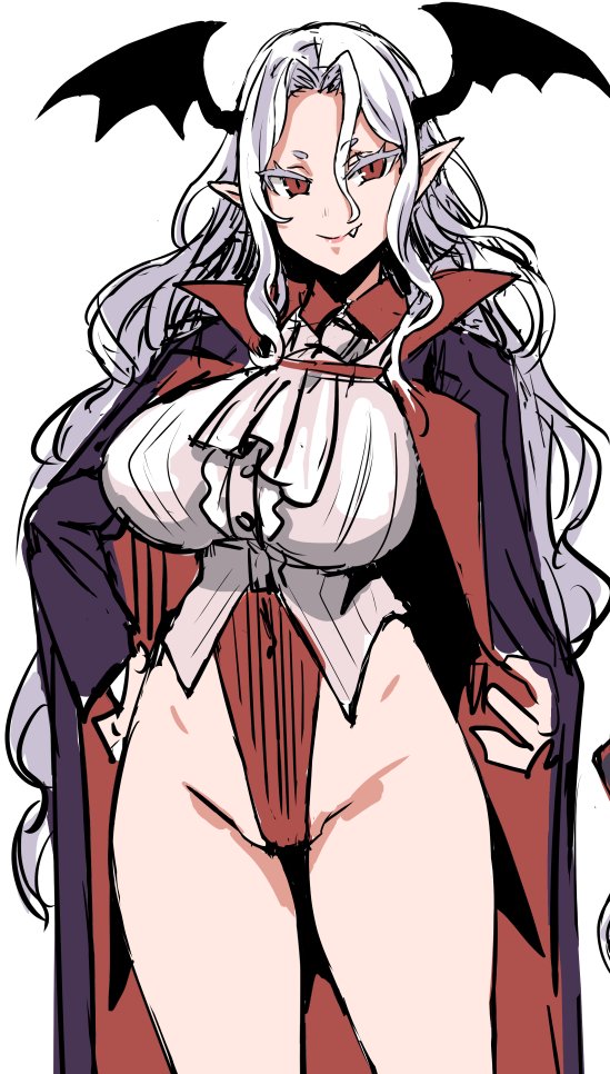 1girls, asanagi, big breasts, breasts, cloak, fang, female, female only, head wings, huge breasts, leotard, long hair, looking at viewer, pointy ears, red eyes, silver hair, simple background, smug, solo, thick thighs, vampire, white background, white hair