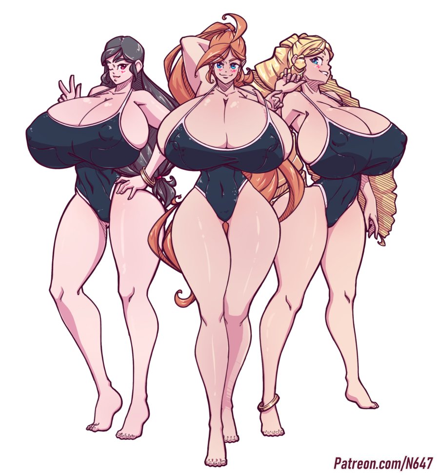 3girls amazon anklet ass barefoot big_ass big_breasts biting_lip blonde_hair blue_eyes bracelet breasts brother_complex brown_hair bursting_breasts cleavage color drill_hair eclaire_auger_(n647) hand_behind_head huge_breasts leglet long_hair looking_at_another looking_at_viewer mimi_haruki_(n647) multiple_girls n647 nipple_bulge nipples_visible_through_clothing pose posing red_eyes red_hair rose_drake_(n647) school_swimsuit smile smiling swimsuit thick_thighs thin_waist v_sign voluptuous wasp_waist wide_hips