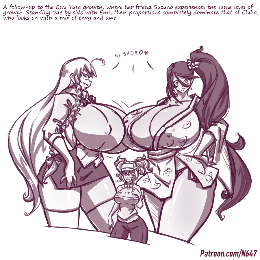 3girls alternate_body_type alternate_breast_size amazon big_ass big_breasts black_and_white breasts_bigger_than_head giantess hataraku_maou-sama! heart huge_ass huge_breasts kamazuki_suzuno looking_down monochrome n647 nipples_visible_through_clothing sasaki_chiho sigh size_difference smile taller_female taller_girl text thick_thighs voluptuous wide_hips yusa_emi